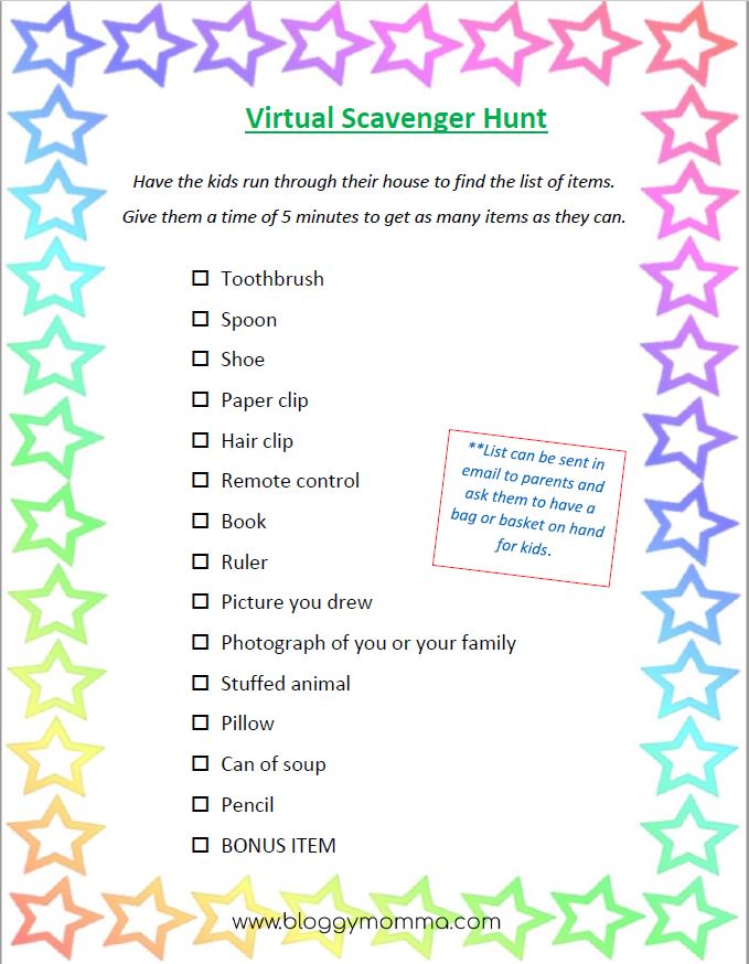 Kid's Virtual Scavenger Hunt Printable